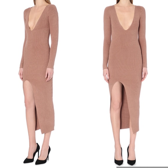 Beyoncé Self Portrait Camel Ribbed Knit Side Slit Dress - XS - Picture 3 of 5